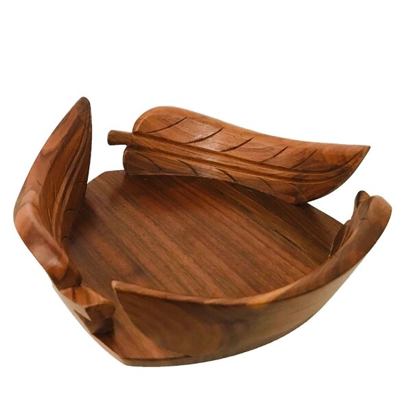 Vintage Solid Walnut Wood Mid Century Modern Bowl Leaf Motif MCM Decorative - Picture 1 of 10